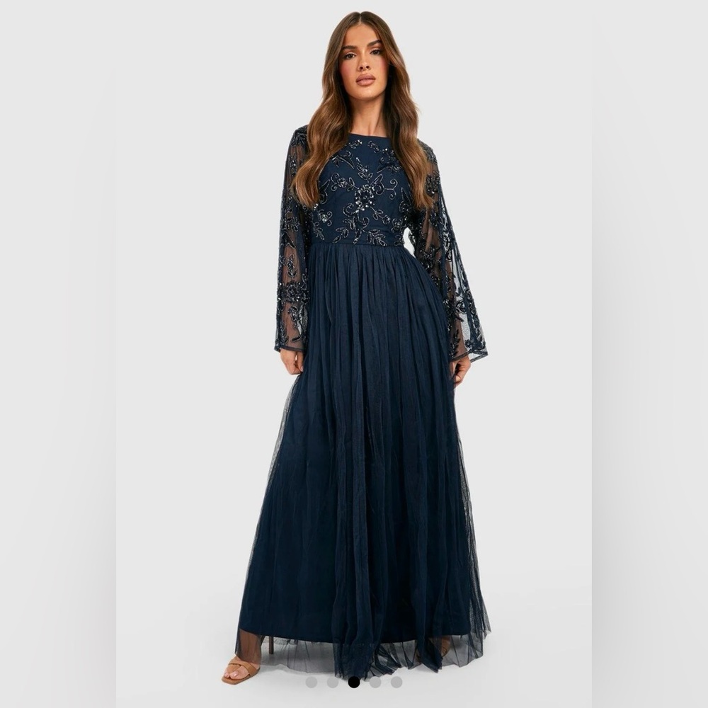Navy Bridesmaid Party Prom Hand Embellished Long Sleeve Maxi Dress Gown